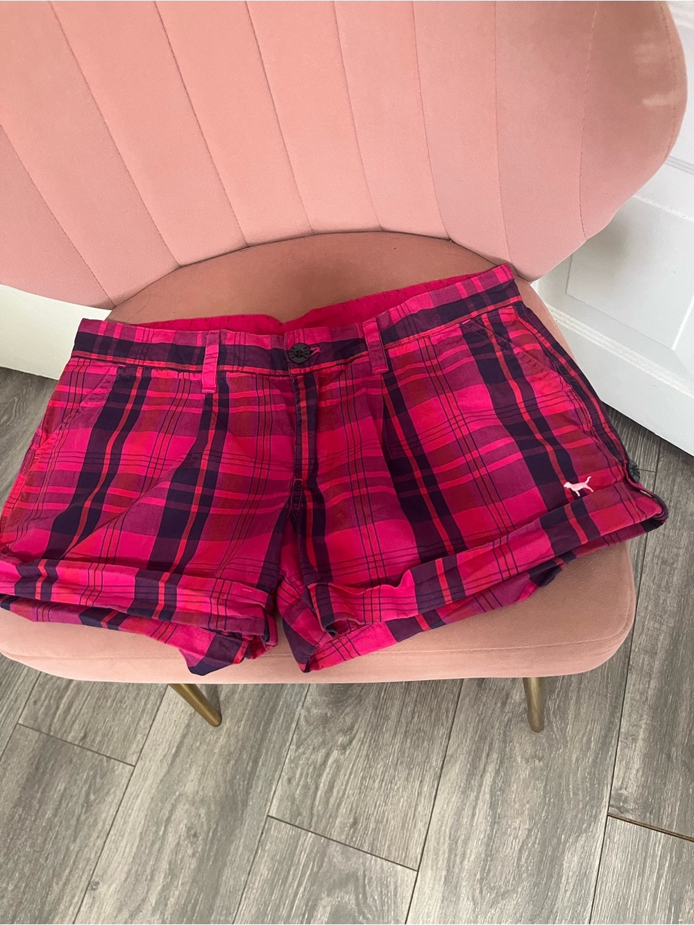 PINK Victoria's Secret Hot Pink & Black Plaid Jean Shorts